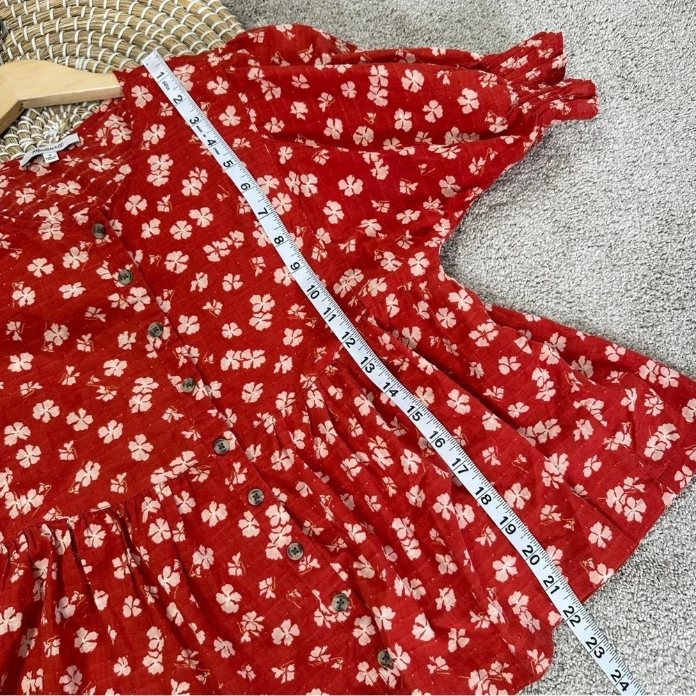 Madewell Puff-Sleeve Button-Front Top in Swiss Dot Happy Aloha Thai Chili Size S